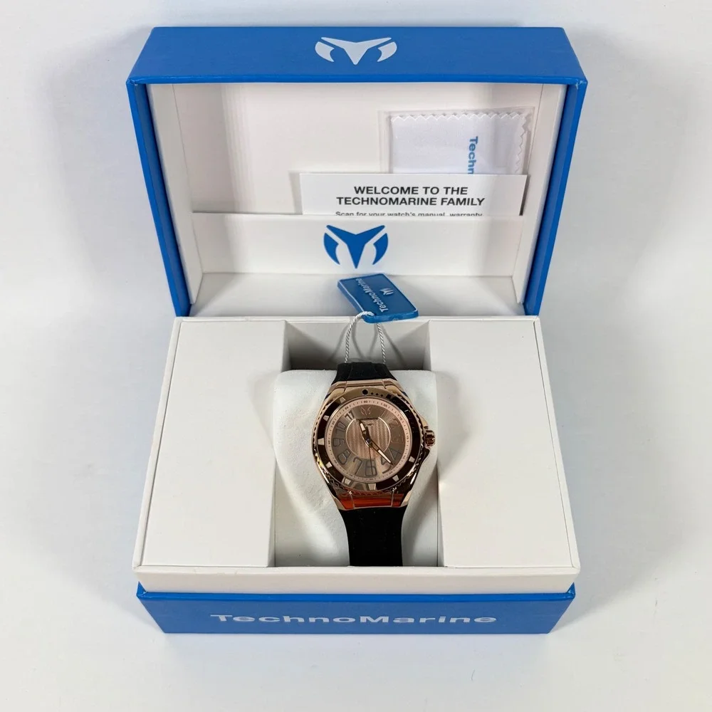 TechnoMarine Watch Lusso Mare Rose Gold TM-225049 GXP Black Silicone Watch New